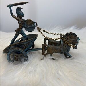 Vintage Bronze Chariot Figurine with Blue Accents